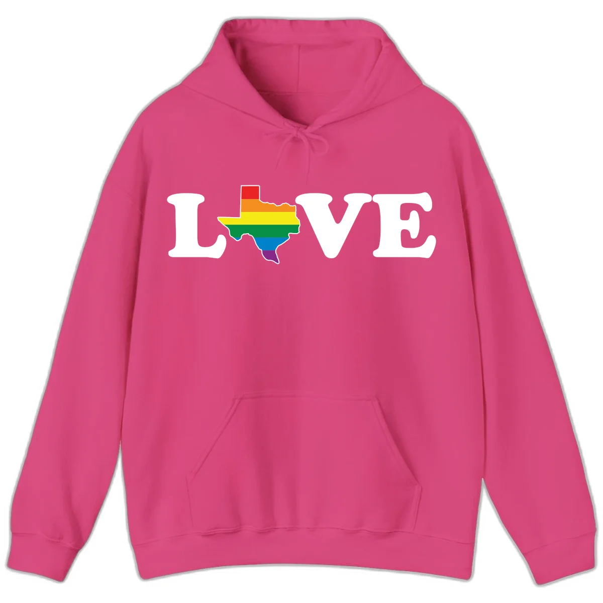 Love Texas Pride design: white LOVE text with Texas state map in rainbow pride colors on gray background in Heliconia