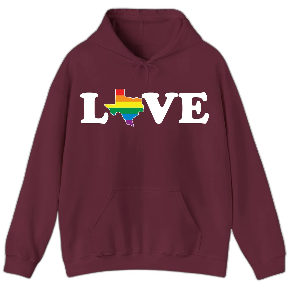 Love Texas Pride design: white LOVE text with Texas state map in rainbow pride colors on gray background in Maroon