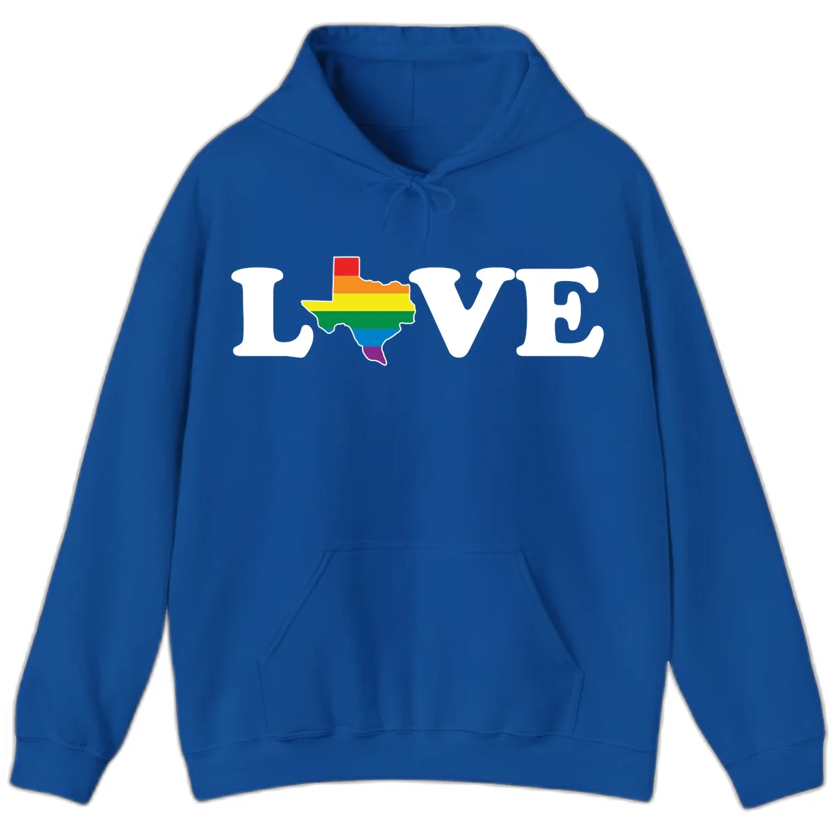 Love Texas Pride design: white LOVE text with Texas state map in rainbow pride colors on gray background in Royal