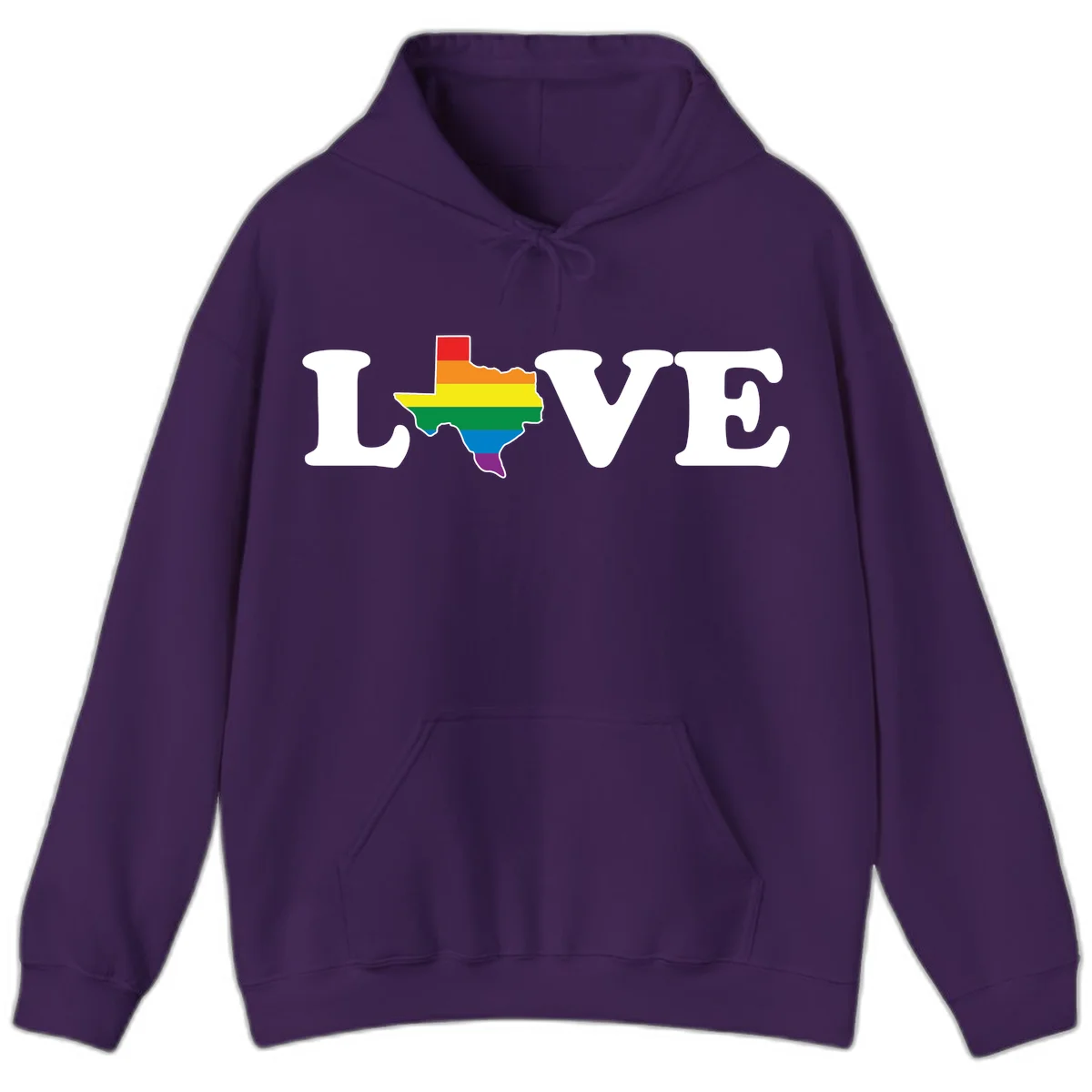 Love Texas Pride design: white LOVE text with Texas state map in rainbow pride colors on gray background in Purple