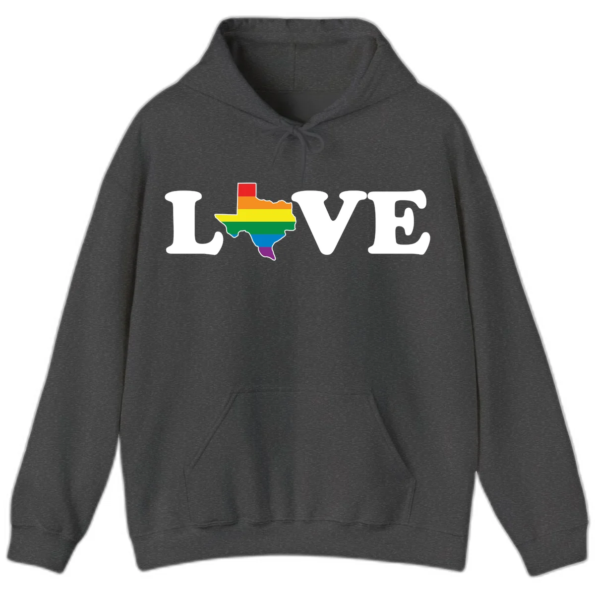 Love Texas Pride design: white LOVE text with Texas state map in rainbow pride colors on gray background in Dark Heather