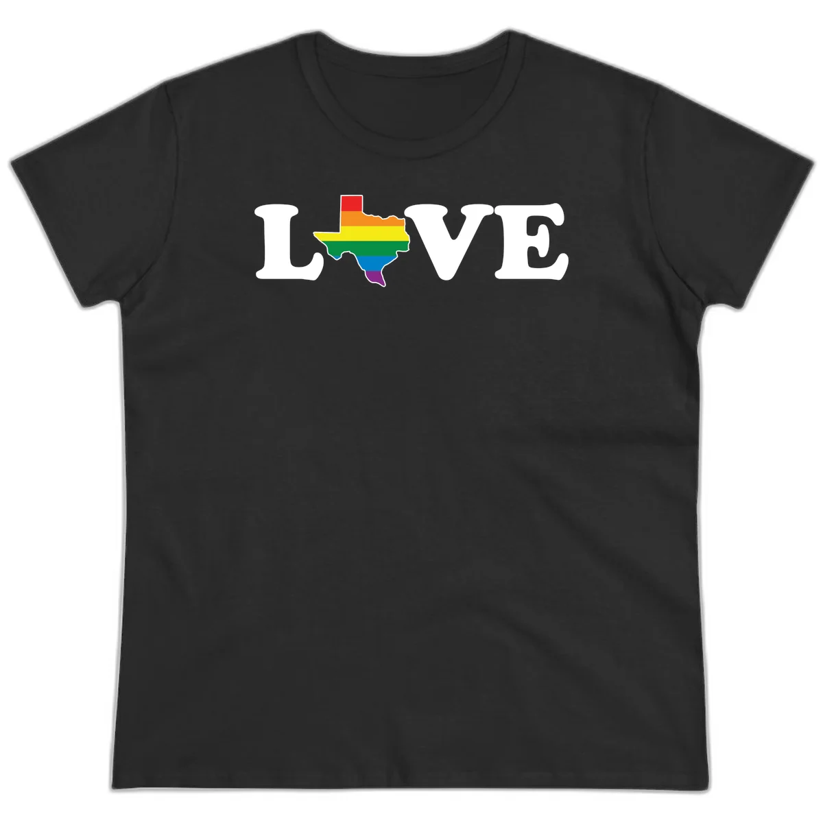 Love Texas Pride design: white LOVE text with Texas state map in rainbow pride colors on gray background in Black