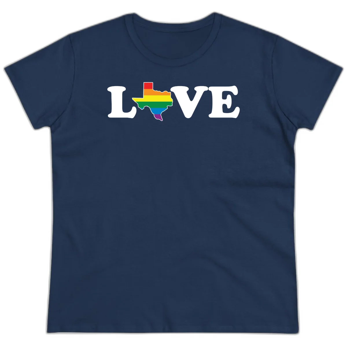 Love Texas Pride design: white LOVE text with Texas state map in rainbow pride colors on gray background in Navy