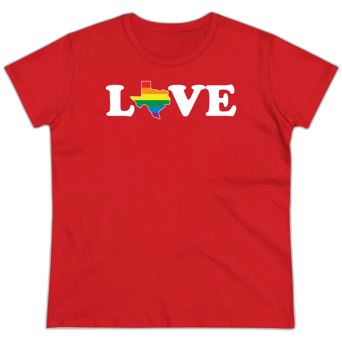 Love Texas Pride design: white LOVE text with Texas state map in rainbow pride colors on gray background in Red
