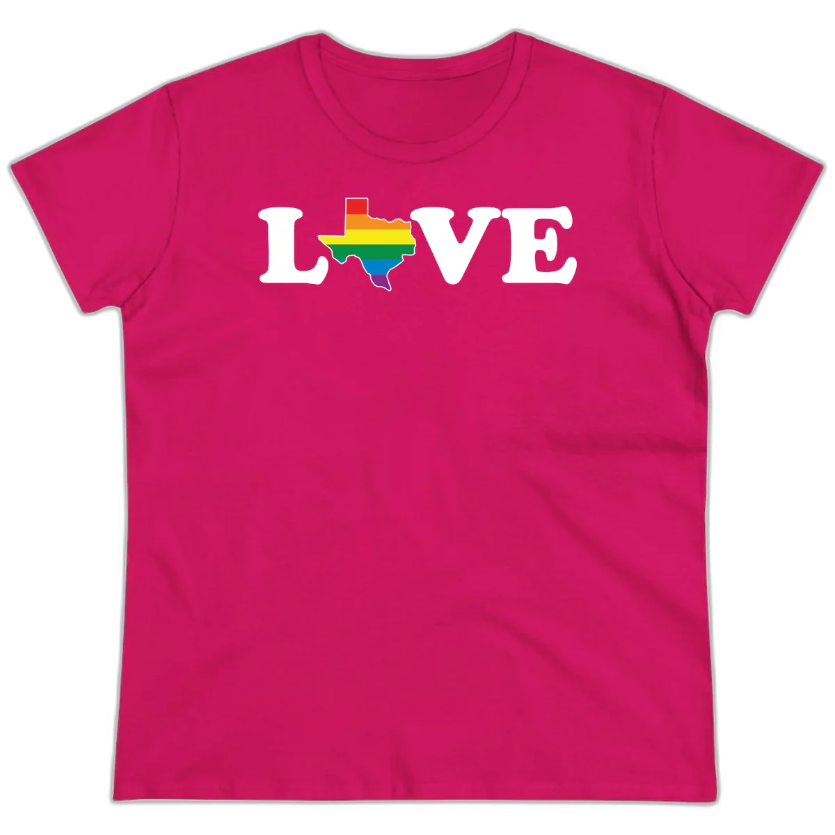 Love Texas Pride design: white LOVE text with Texas state map in rainbow pride colors on gray background in Heliconia
