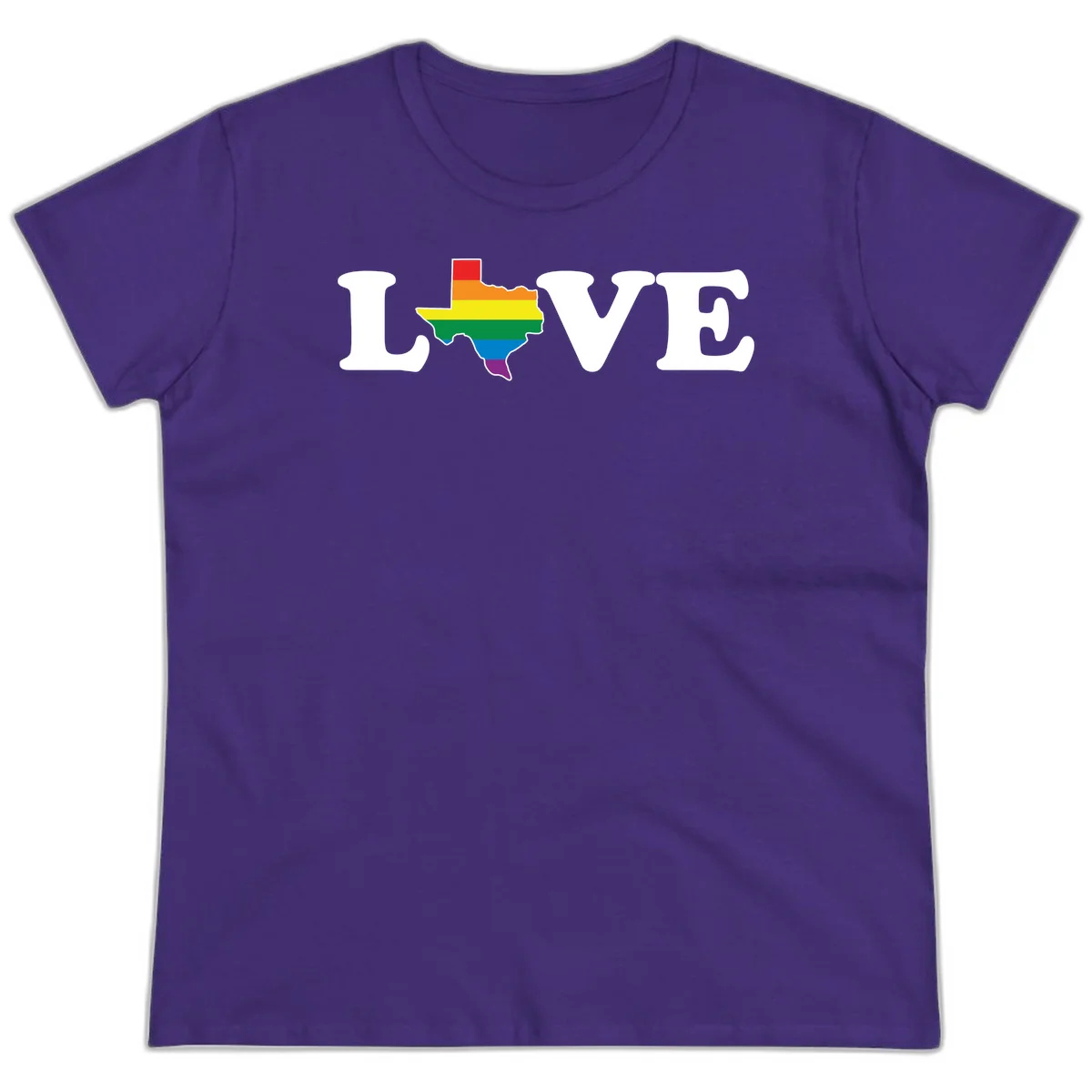 Love Texas Pride design: white LOVE text with Texas state map in rainbow pride colors on gray background in Purple