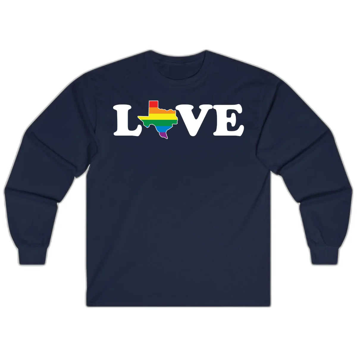 Love Texas Pride design: white LOVE text with Texas state map in rainbow pride colors on gray background in Navy
