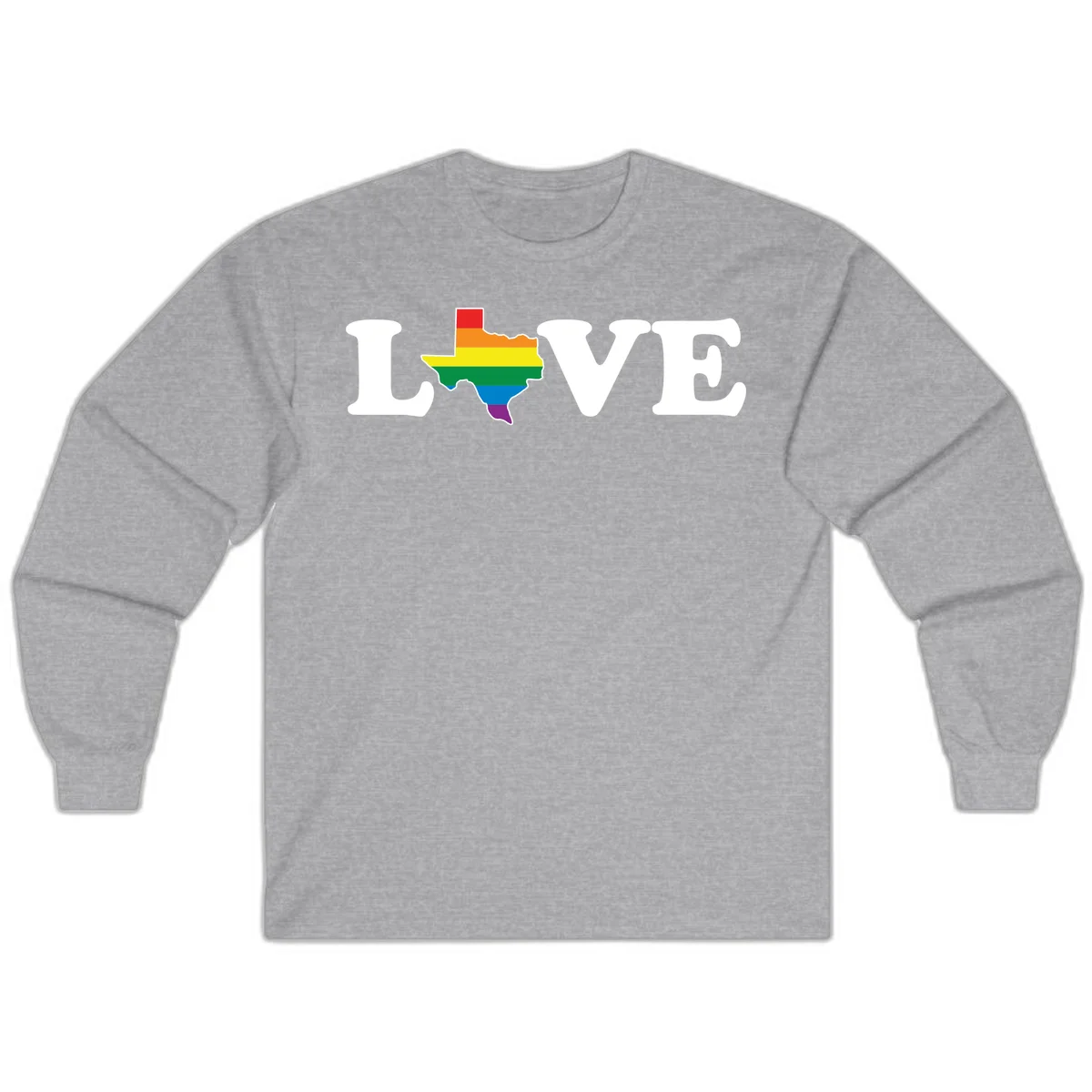 Love Texas Pride design: white LOVE text with Texas state map in rainbow pride colors on gray background in Sport Grey