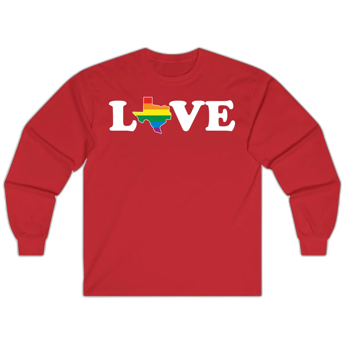 Love Texas Pride design: white LOVE text with Texas state map in rainbow pride colors on gray background in Red