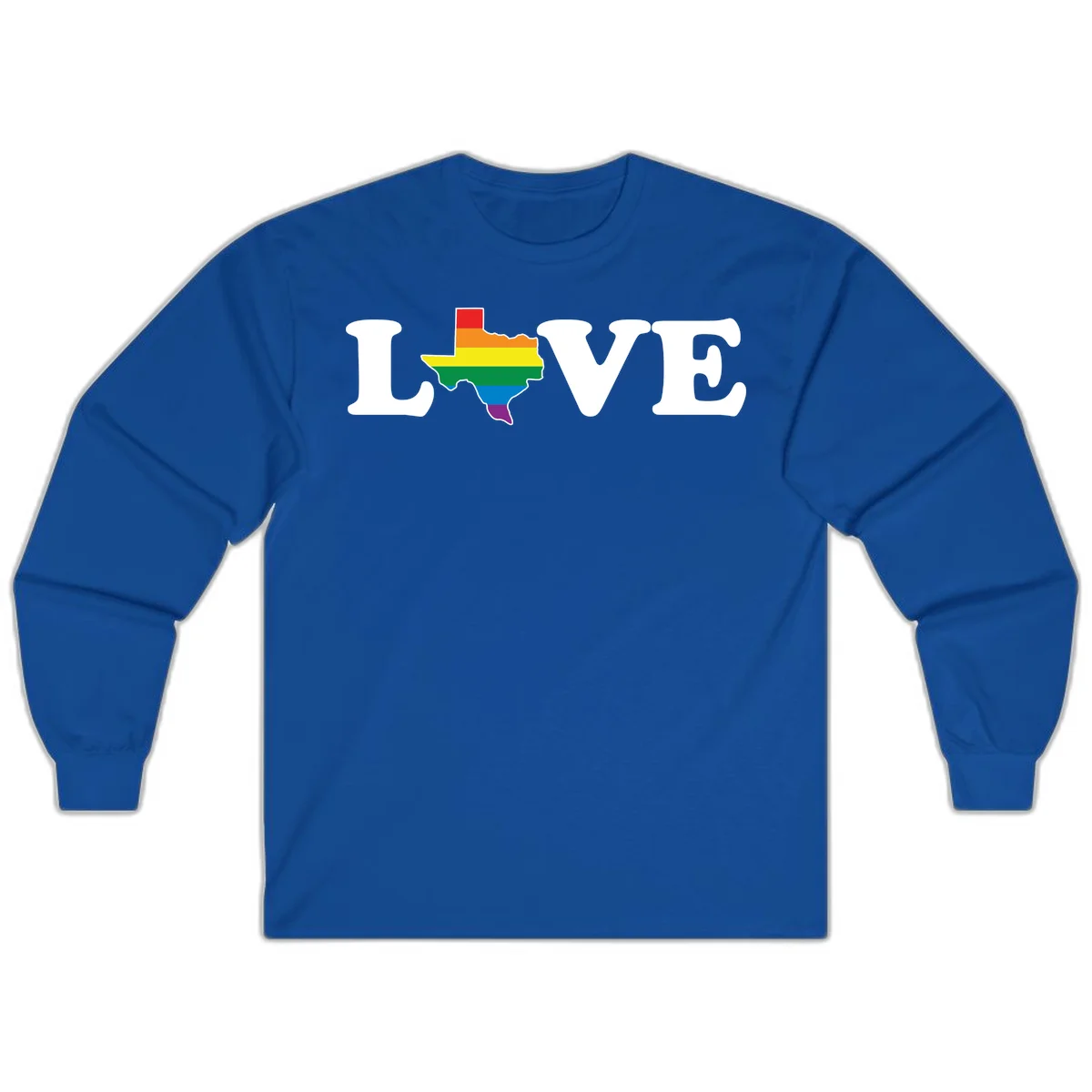 Love Texas Pride design: white LOVE text with Texas state map in rainbow pride colors on gray background in Royal