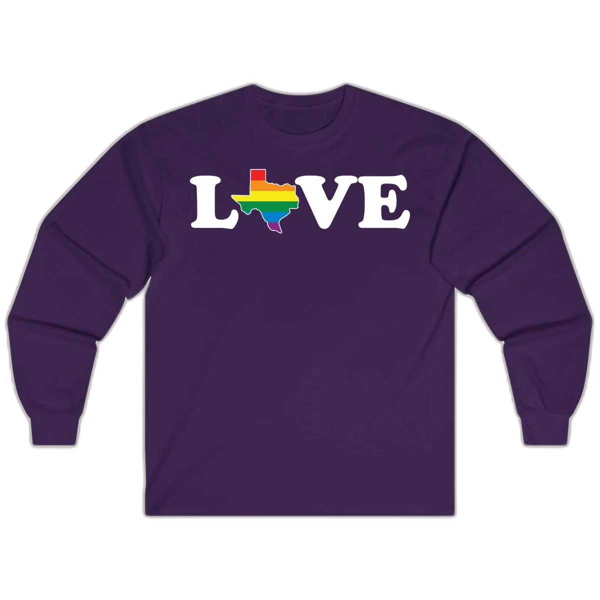 Love Texas Pride design: white LOVE text with Texas state map in rainbow pride colors on gray background in Purple