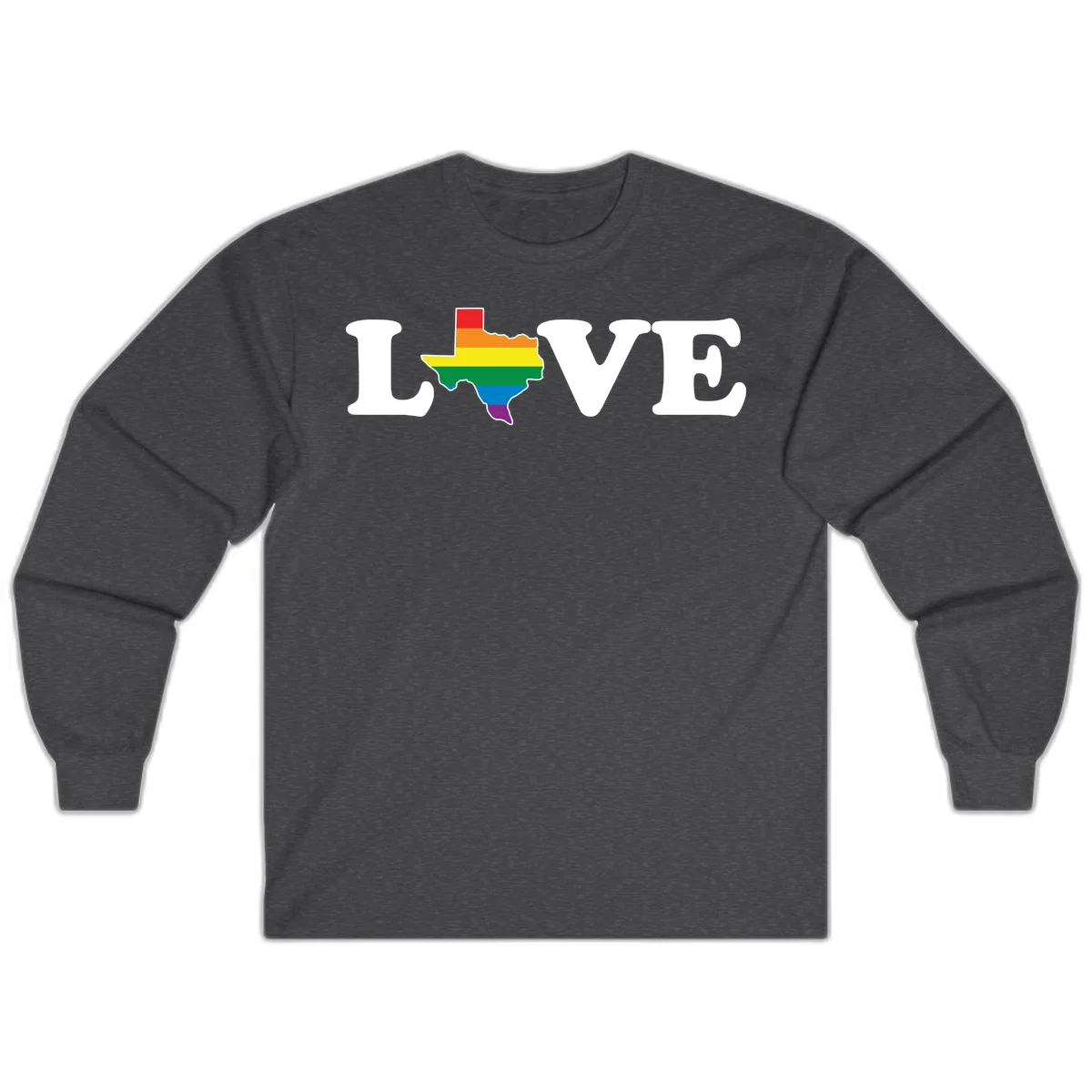 Love Texas Pride design: white LOVE text with Texas state map in rainbow pride colors on gray background in Dark Heather