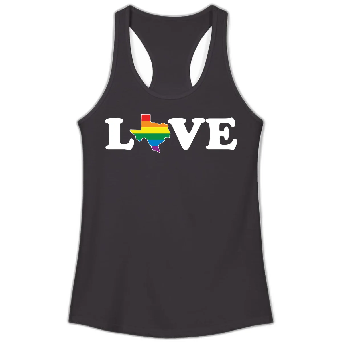 Love Texas Pride design: white LOVE text with Texas state map in rainbow pride colors on gray background in Black