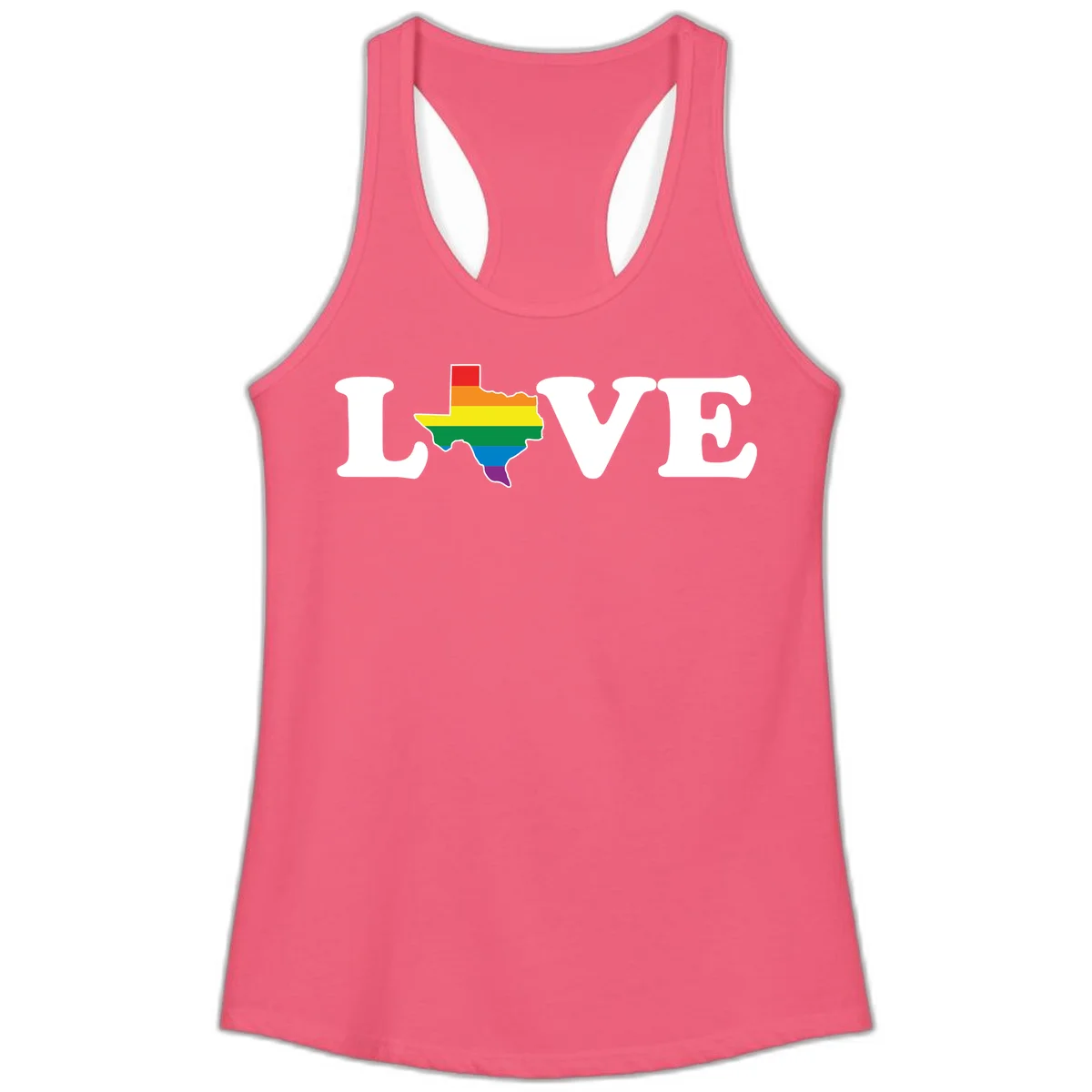 Love Texas Pride design: white LOVE text with Texas state map in rainbow pride colors on gray background in Hot Pink