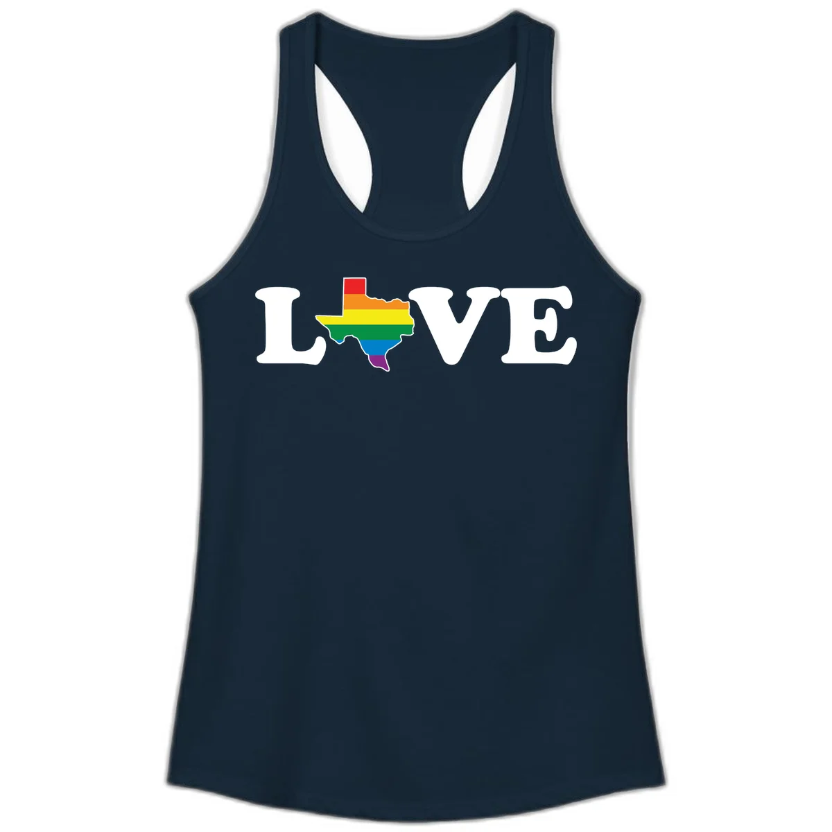 Love Texas Pride design: white LOVE text with Texas state map in rainbow pride colors on gray background in Solid Midnight Navy
