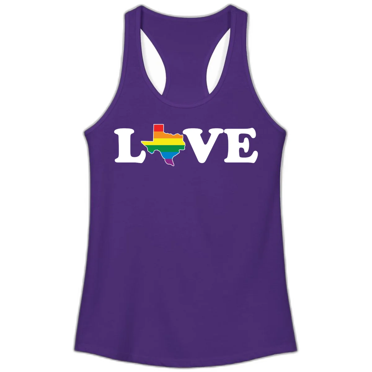 Love Texas Pride design: white LOVE text with Texas state map in rainbow pride colors on gray background in Solid Purple Rush
