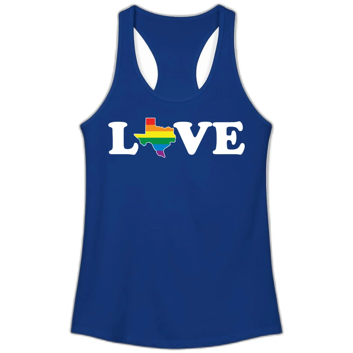 Love Texas Pride design: white LOVE text with Texas state map in rainbow pride colors on gray background in Solid Royal