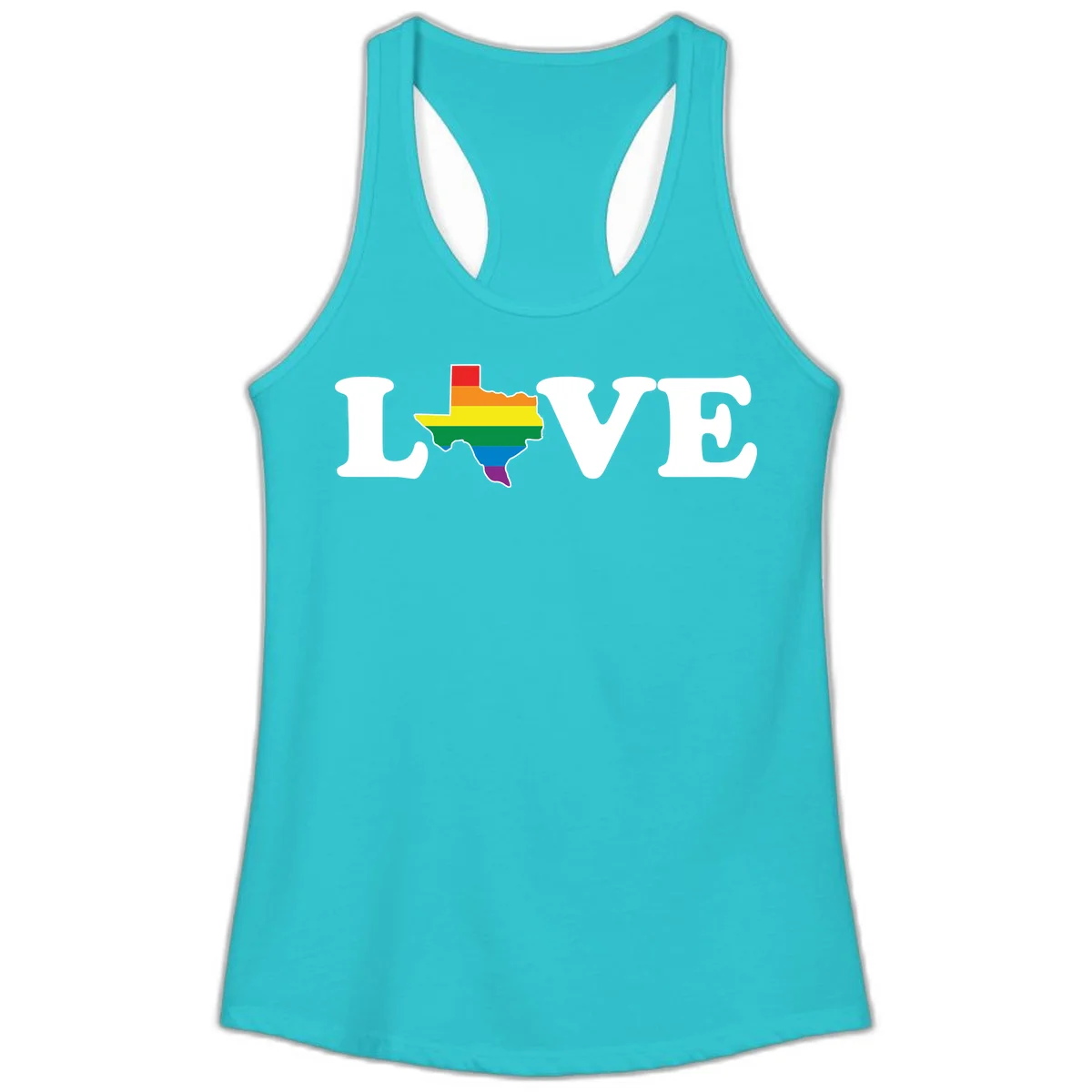 Love Texas Pride design: white LOVE text with Texas state map in rainbow pride colors on gray background in Solid Tahiti Blue