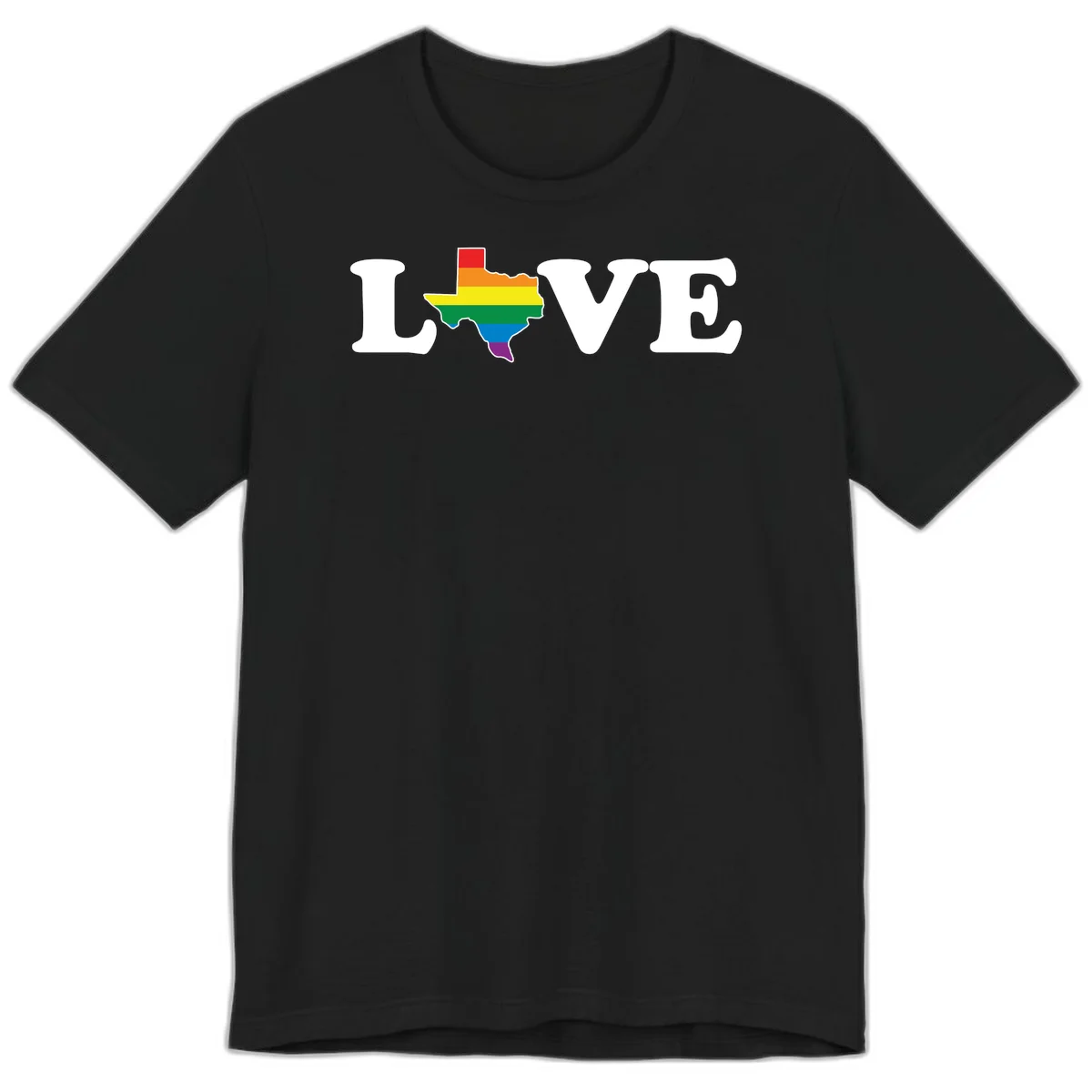 Love Texas Pride design: white LOVE text with Texas state map in rainbow pride colors on gray background in Black