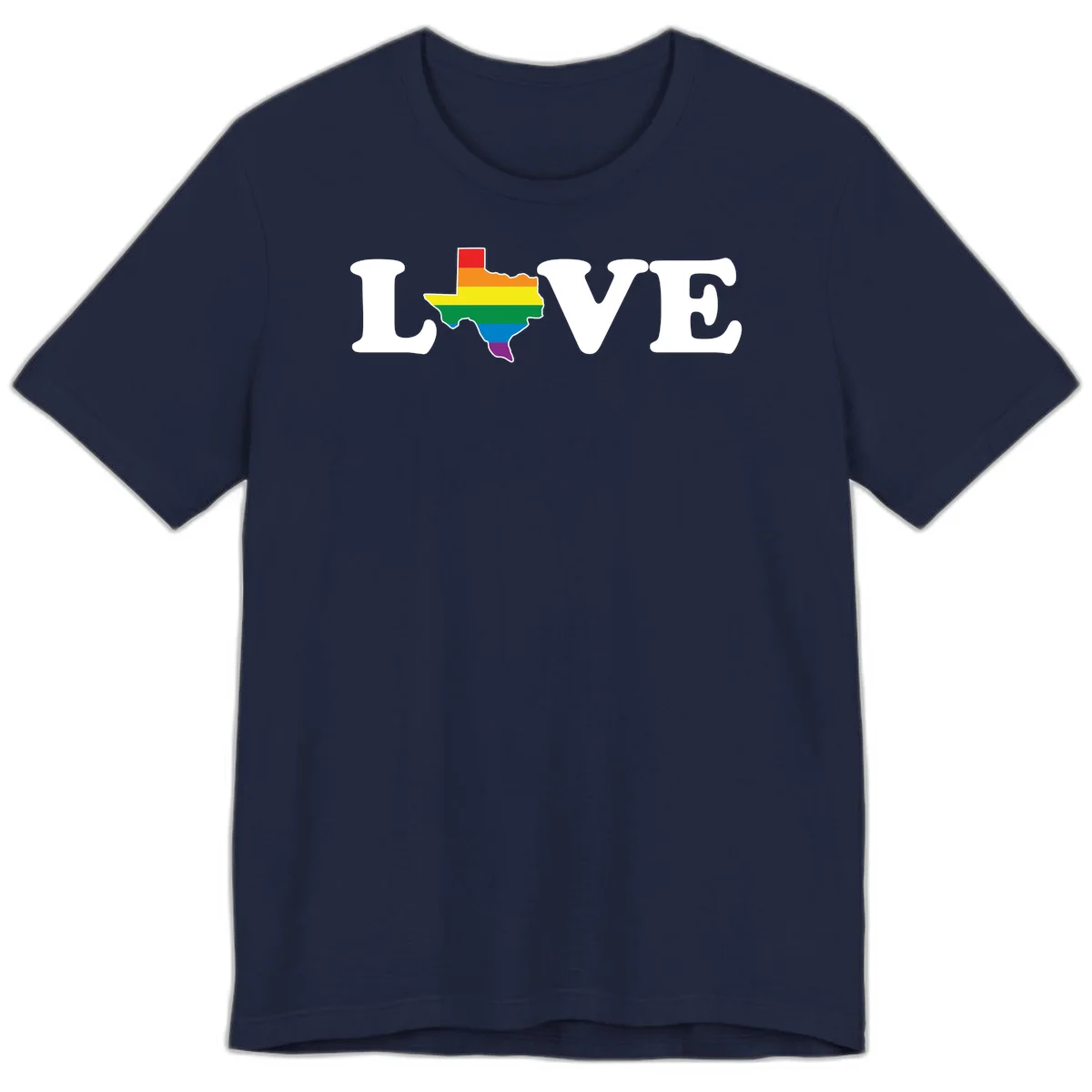 Love Texas Pride design: white LOVE text with Texas state map in rainbow pride colors on gray background in Navy