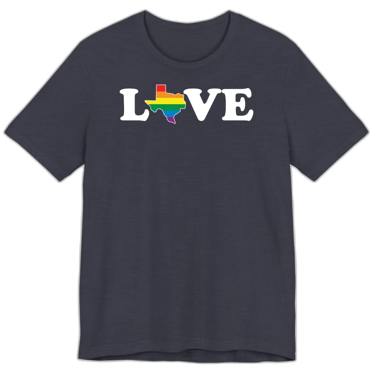 Love Texas Pride design: white LOVE text with Texas state map in rainbow pride colors on gray background in Heather Midnight Navy