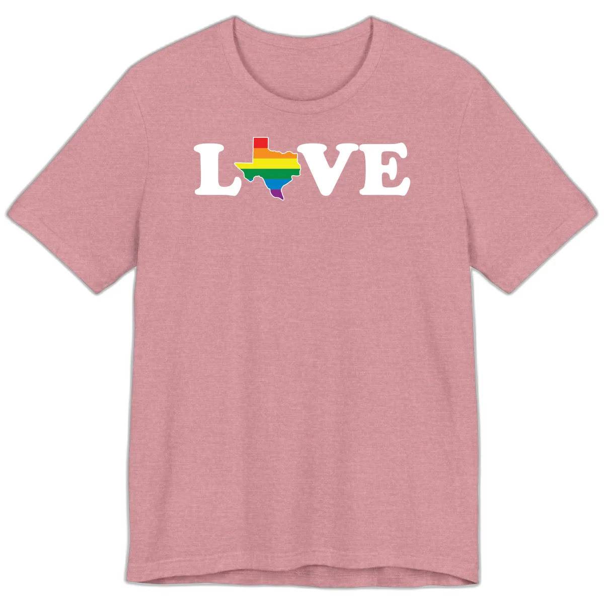 Love Texas Pride design: white LOVE text with Texas state map in rainbow pride colors on gray background in Heather Orchid