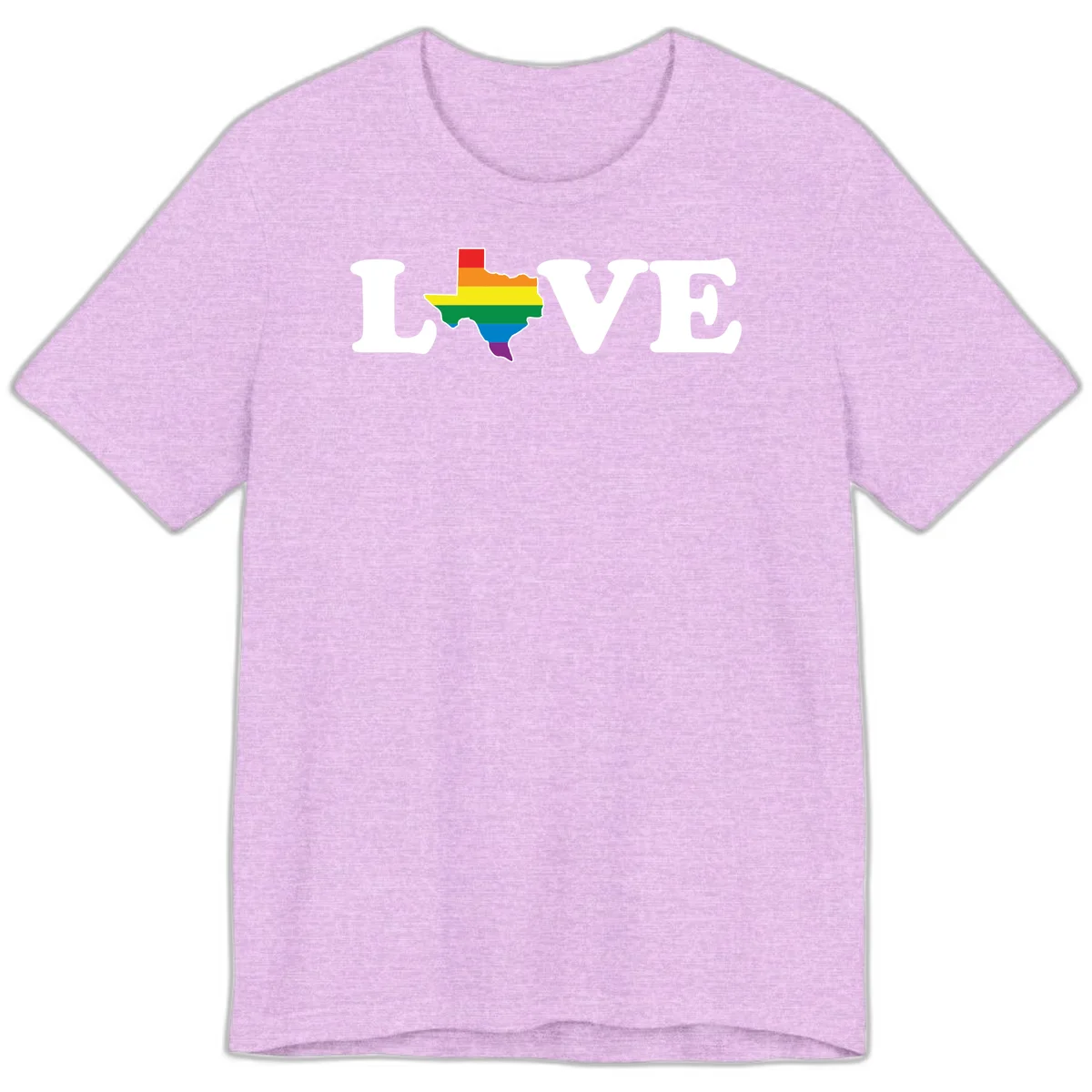 Love Texas Pride design: white LOVE text with Texas state map in rainbow pride colors on gray background in Heather Prism Lilac