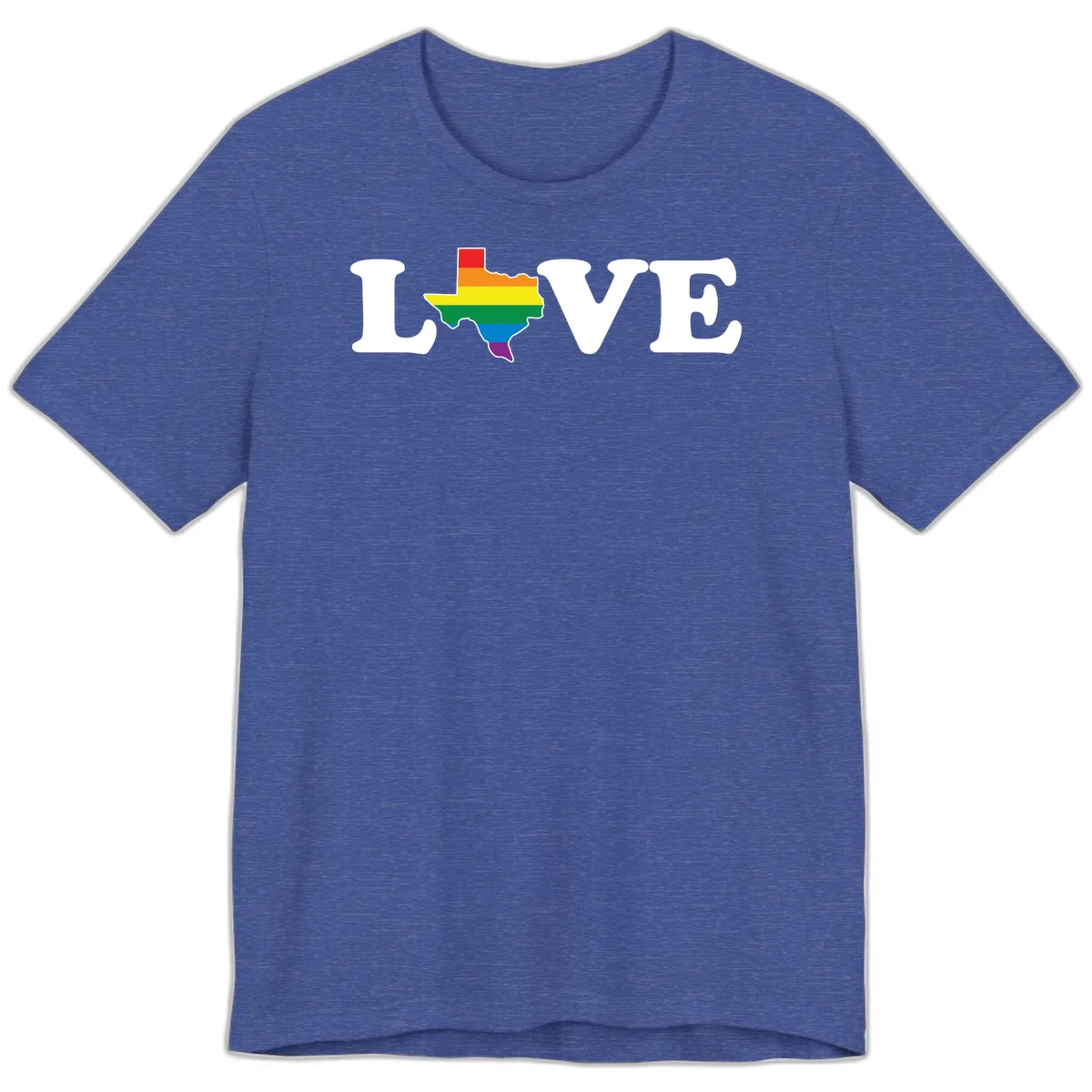 Love Texas Pride design: white LOVE text with Texas state map in rainbow pride colors on gray background in Heather True Royal