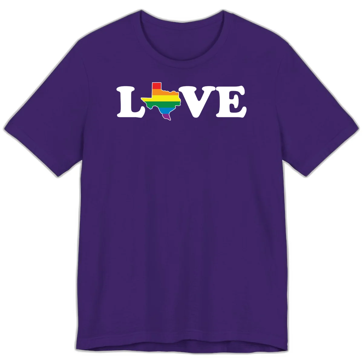 Love Texas Pride design: white LOVE text with Texas state map in rainbow pride colors on gray background in Team Purple