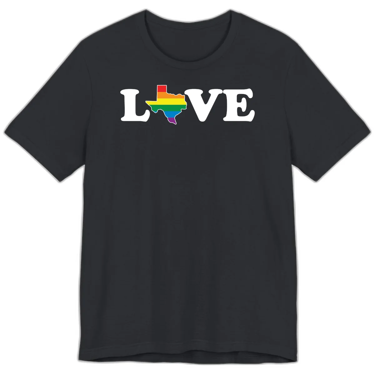 Love Texas Pride design: white LOVE text with Texas state map in rainbow pride colors on gray background in Vintage Black