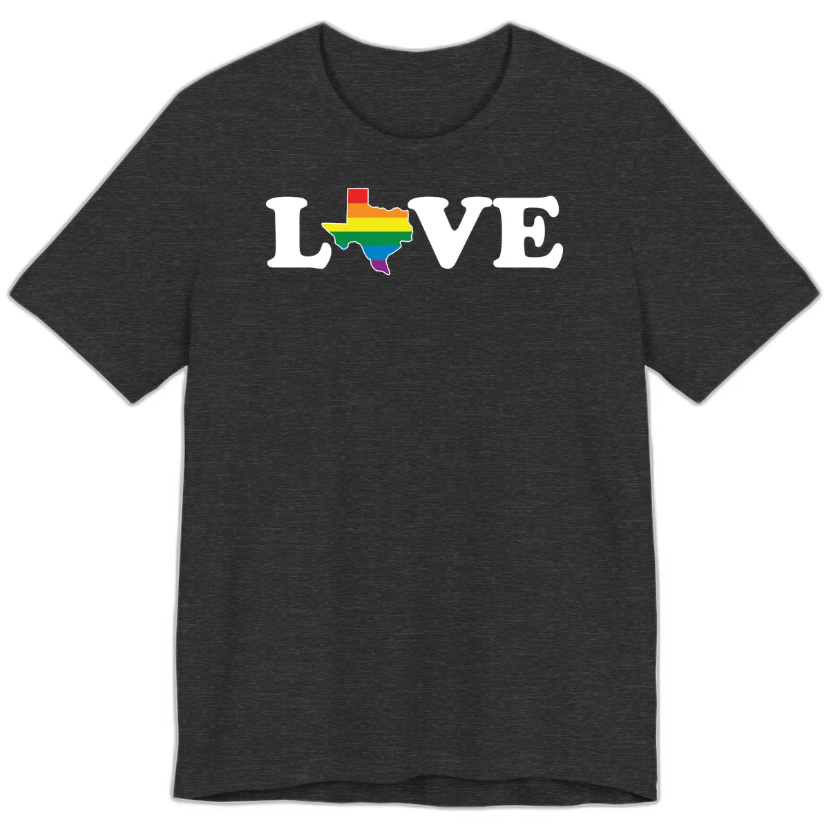 Love Texas Pride design: white LOVE text with Texas state map in rainbow pride colors on gray background in Dark Grey Heather