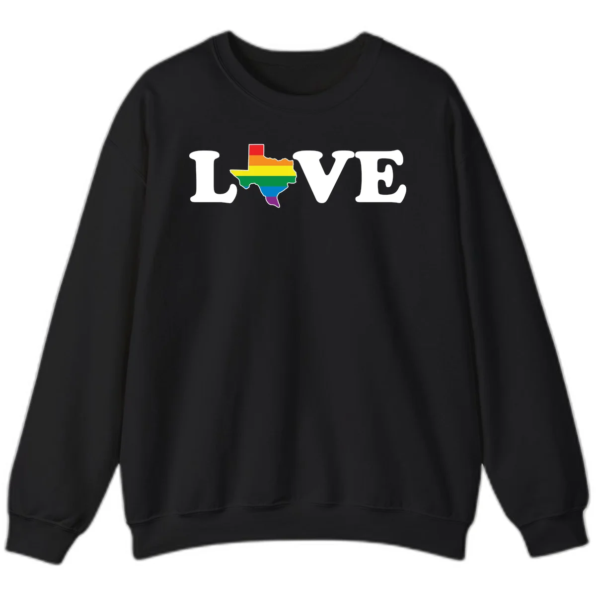 Love Texas Pride design: white LOVE text with Texas state map in rainbow pride colors on gray background in Black