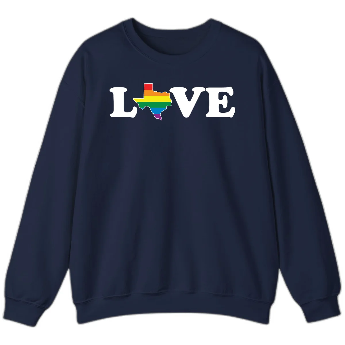 Love Texas Pride design: white LOVE text with Texas state map in rainbow pride colors on gray background in Navy