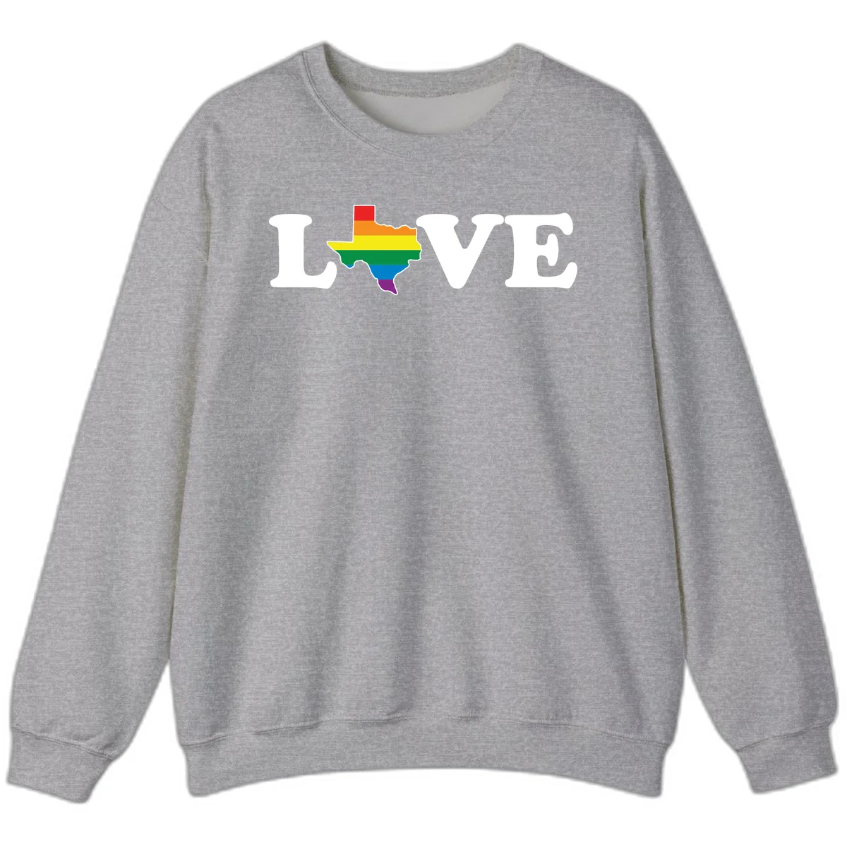 Love Texas Pride design: white LOVE text with Texas state map in rainbow pride colors on gray background in Sport Grey