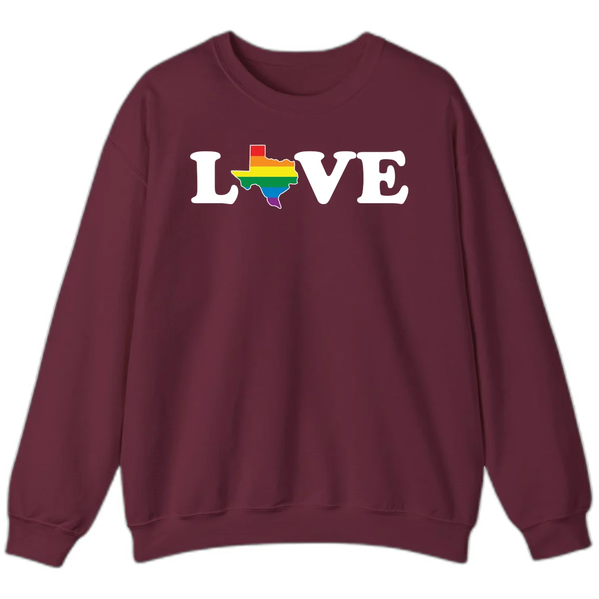 Love Texas Pride design: white LOVE text with Texas state map in rainbow pride colors on gray background in Maroon