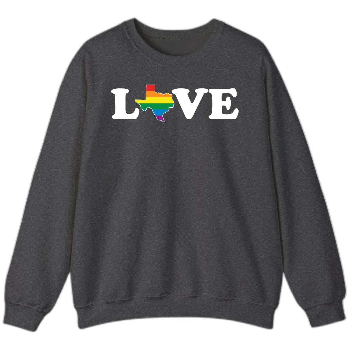 Love Texas Pride design: white LOVE text with Texas state map in rainbow pride colors on gray background in Dark Heather