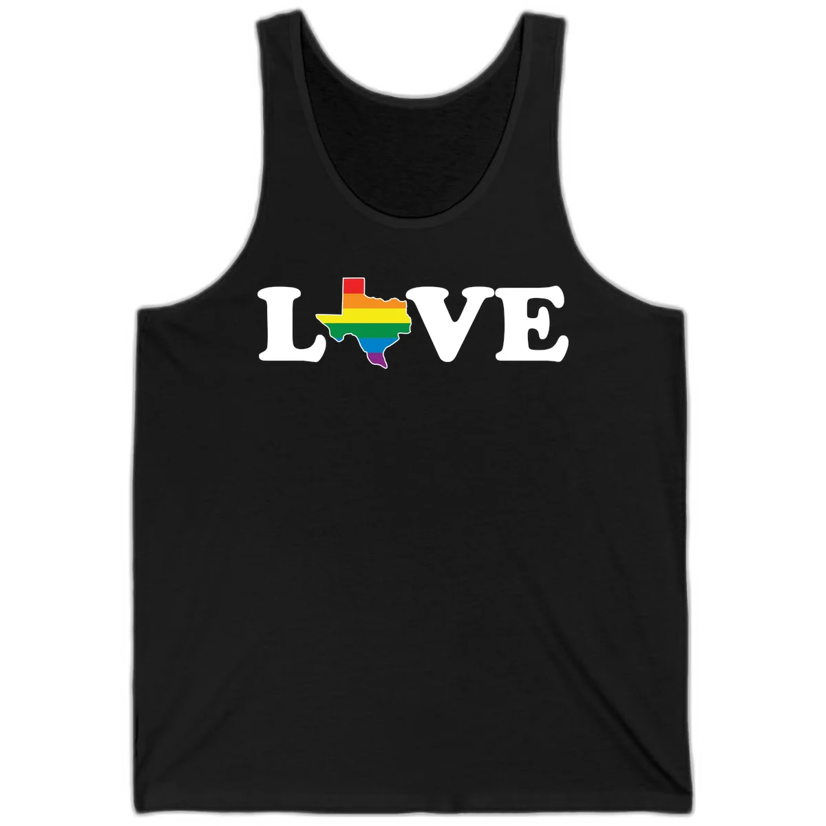 Love Texas Pride design: white LOVE text with Texas state map in rainbow pride colors on gray background in Black