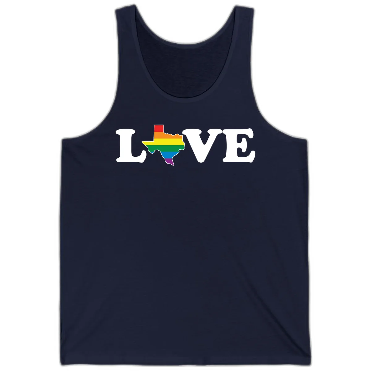 Love Texas Pride design: white LOVE text with Texas state map in rainbow pride colors on gray background in Navy