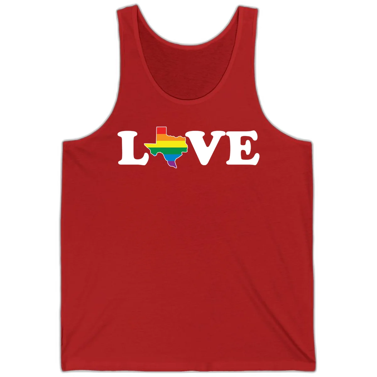 Love Texas Pride design: white LOVE text with Texas state map in rainbow pride colors on gray background in Red