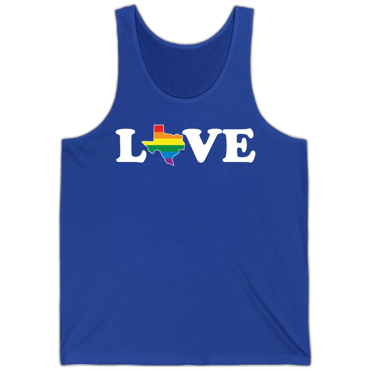 Love Texas Pride design: white LOVE text with Texas state map in rainbow pride colors on gray background in True Royal
