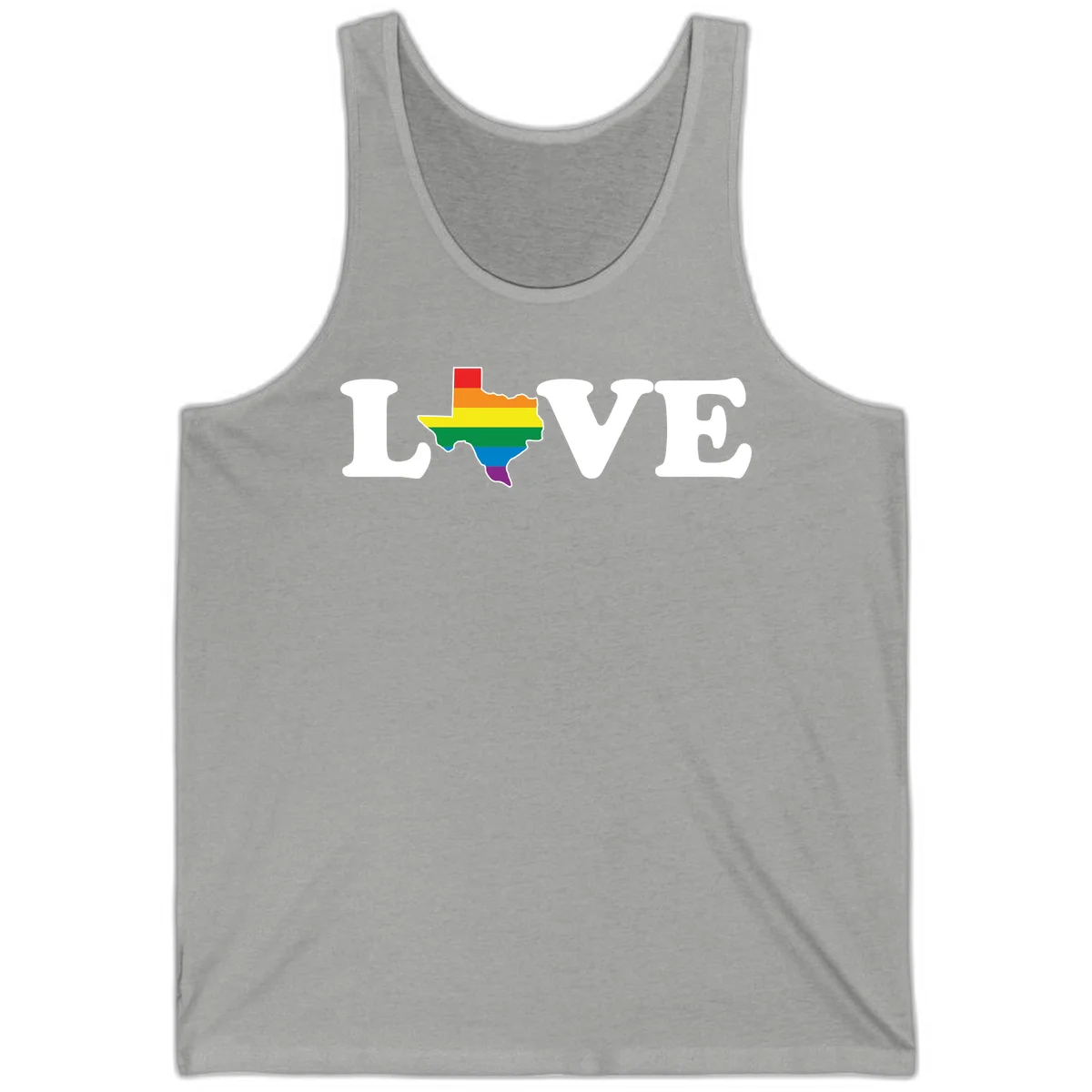 Love Texas Pride design: white LOVE text with Texas state map in rainbow pride colors on gray background in Athletic Heather