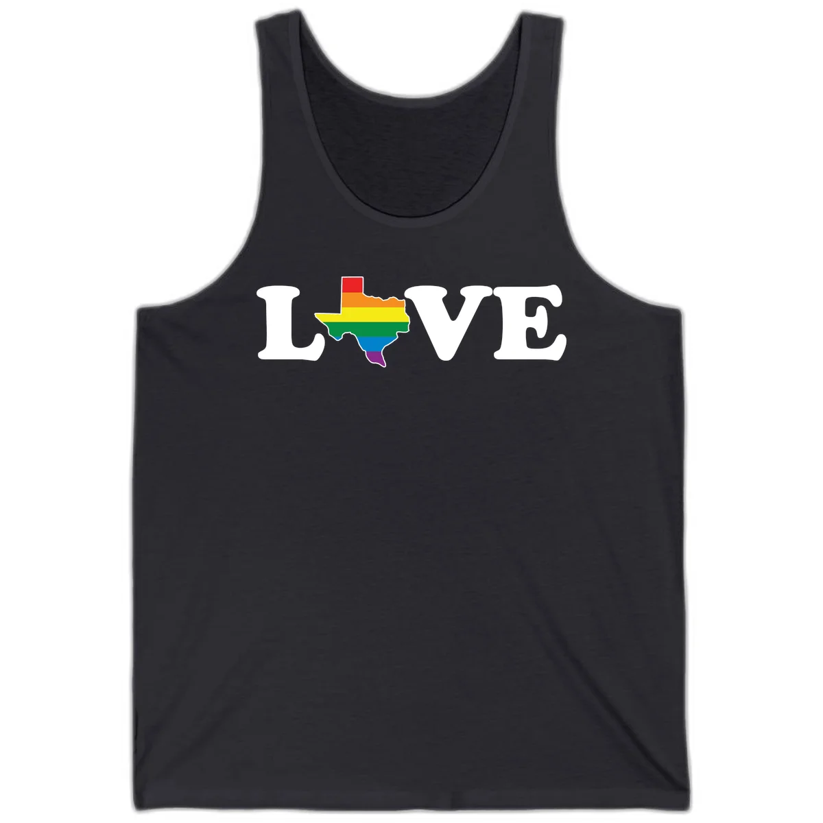 Love Texas Pride design: white LOVE text with Texas state map in rainbow pride colors on gray background in Dark Grey