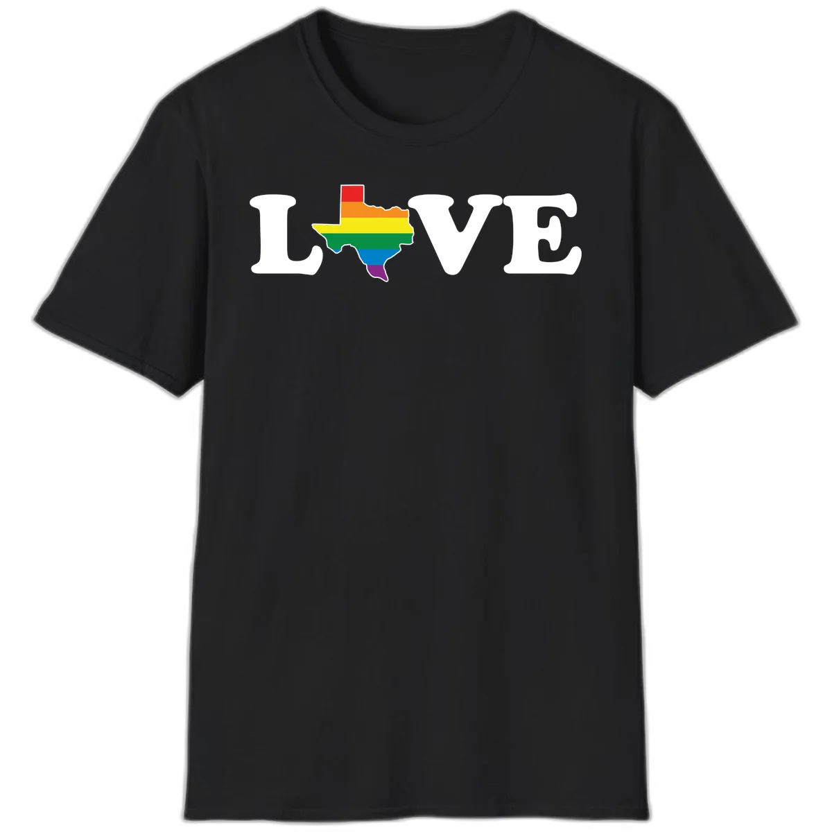 Love Texas Pride design: white LOVE text with Texas state map in rainbow pride colors on gray background in Black