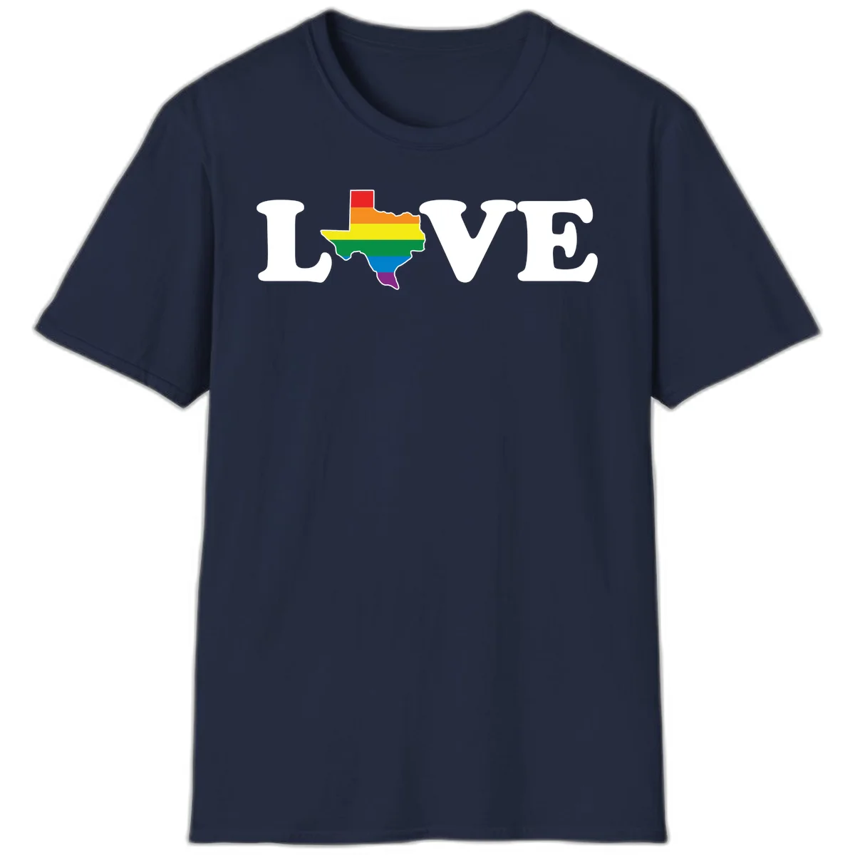 Love Texas Pride design: white LOVE text with Texas state map in rainbow pride colors on gray background in Navy