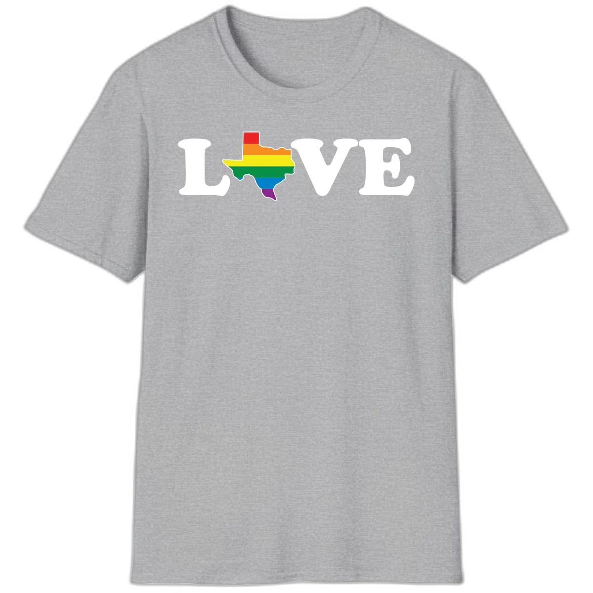 Love Texas Pride design: white LOVE text with Texas state map in rainbow pride colors on gray background in Sport Grey