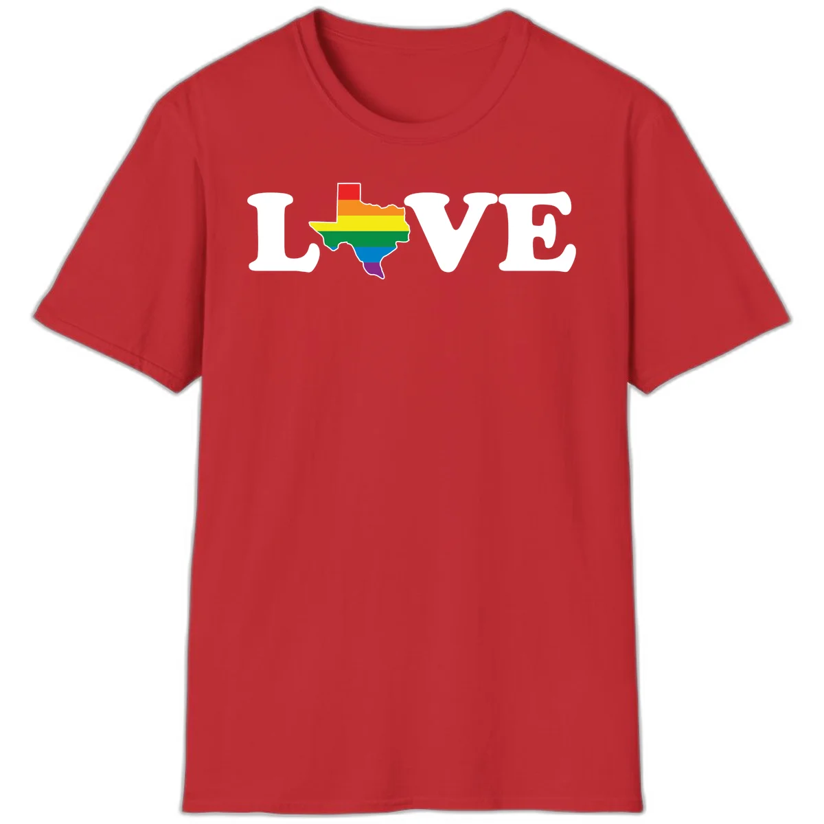 Love Texas Pride design: white LOVE text with Texas state map in rainbow pride colors on gray background in Red