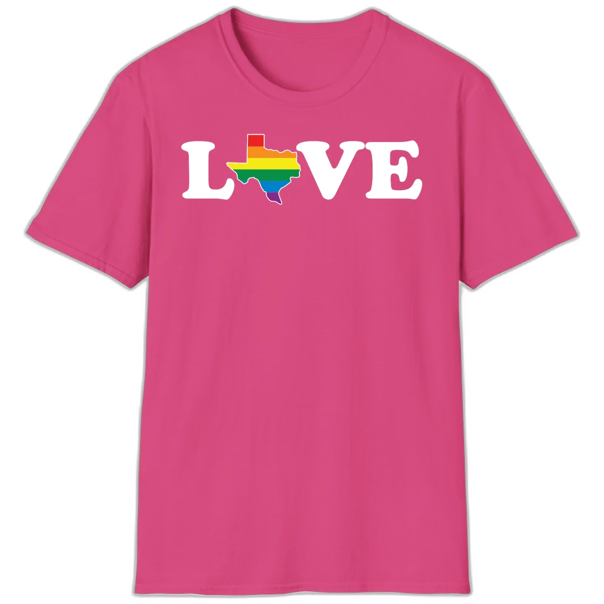 Love Texas Pride design: white LOVE text with Texas state map in rainbow pride colors on gray background in Heliconia