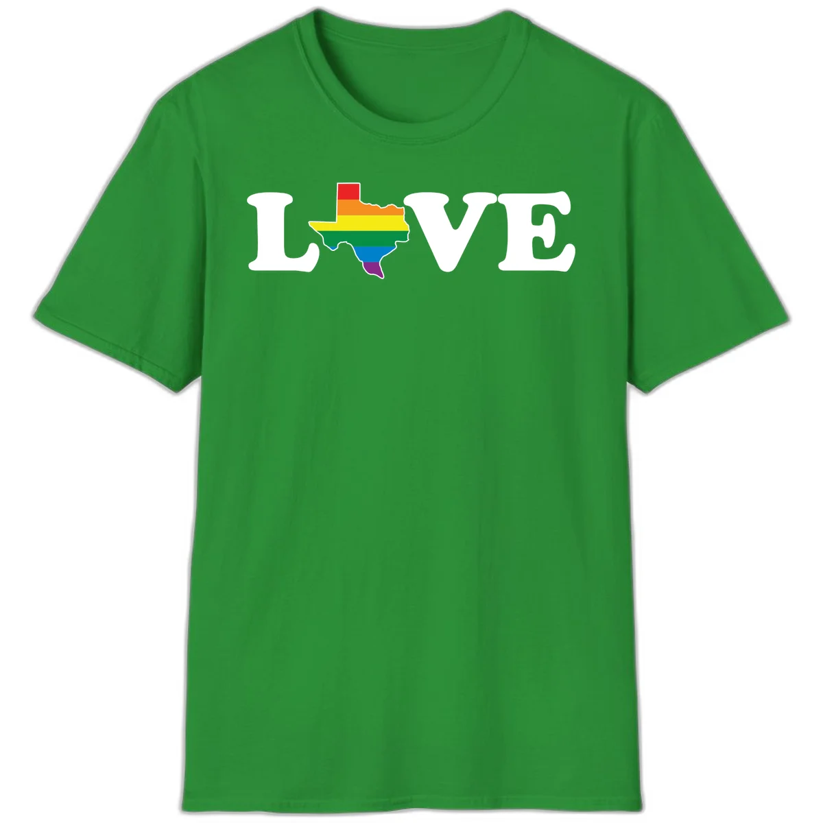 Love Texas Pride design: white LOVE text with Texas state map in rainbow pride colors on gray background in Irish Green