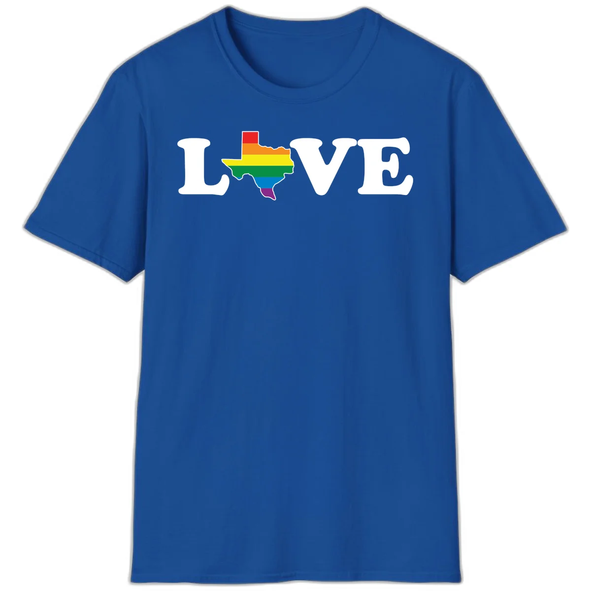 Love Texas Pride design: white LOVE text with Texas state map in rainbow pride colors on gray background in Royal