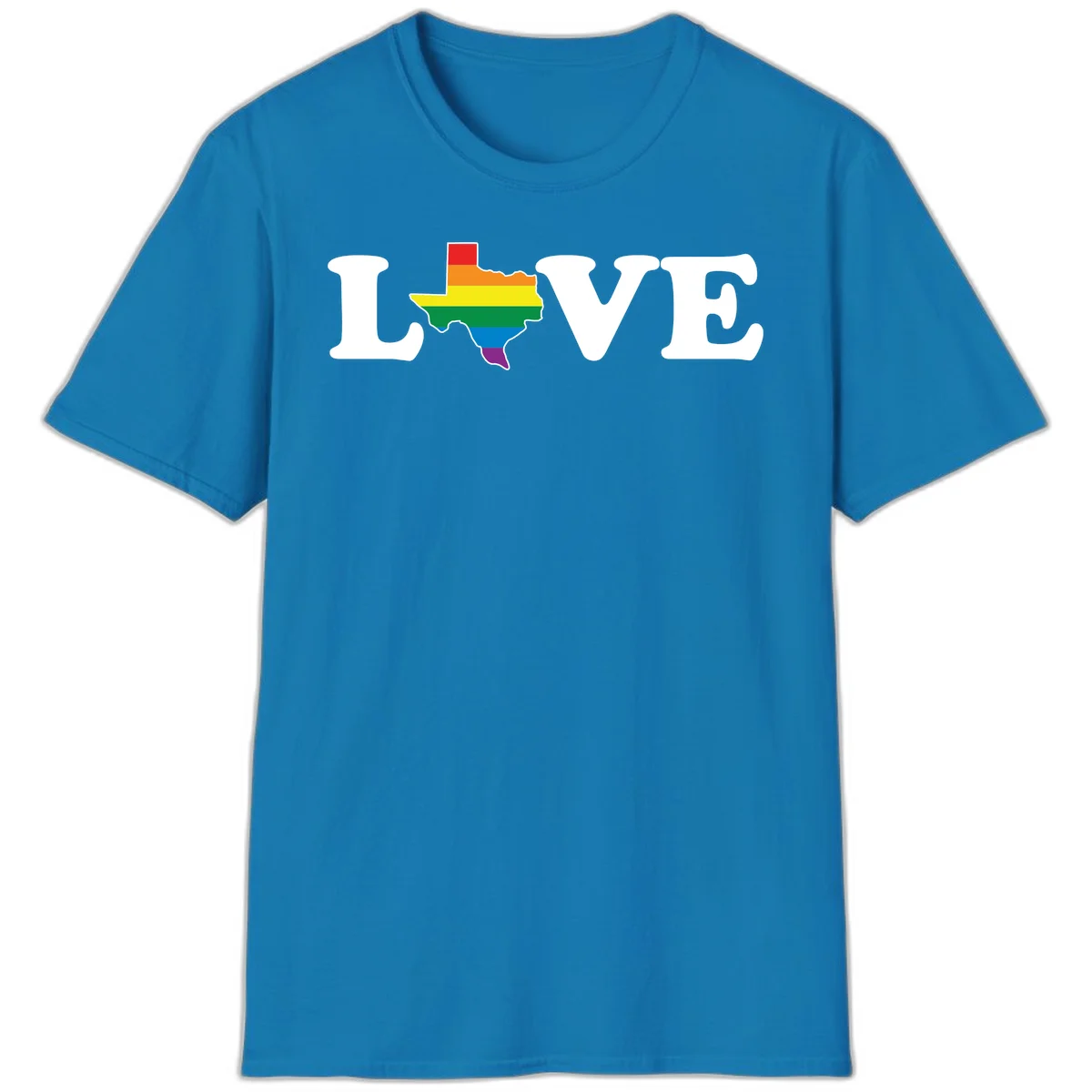 Love Texas Pride design: white LOVE text with Texas state map in rainbow pride colors on gray background in Sapphire